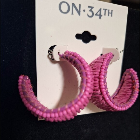 On 34th Silver-Tone Medium Color Seed Bead & Raffia C-Hoop Earrings, 1.25" Pink - Picture 3 of 4